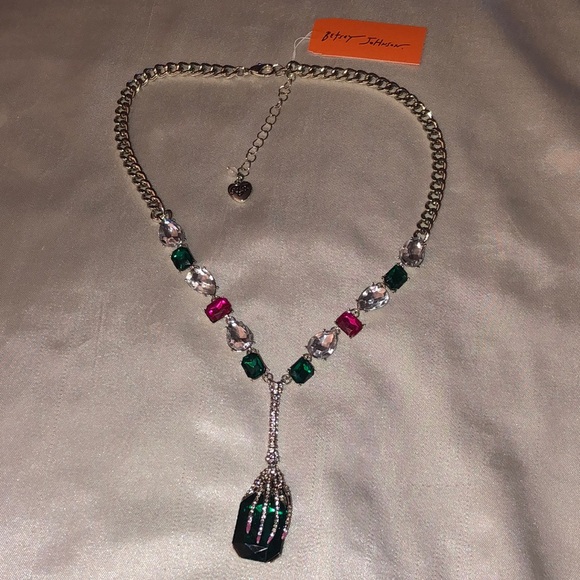 Betsey Johnson Silver Tone Skeleton Hand Y Drop Pendant Necklace Crystal NWT - Picture 13 of 16